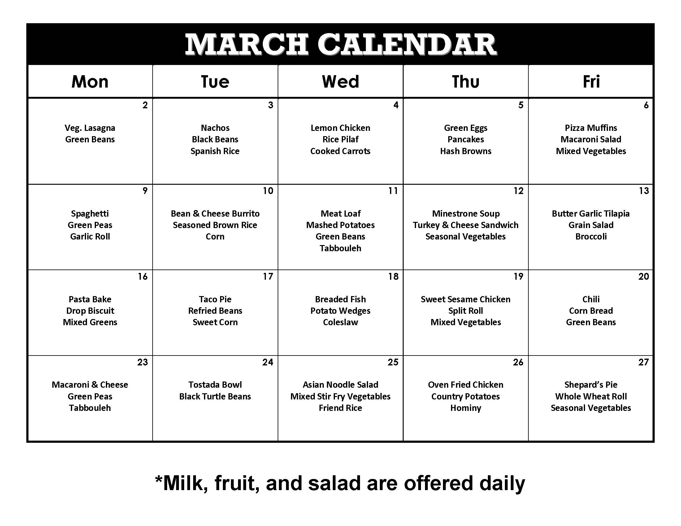 Lunch Menus YES Charter Academy