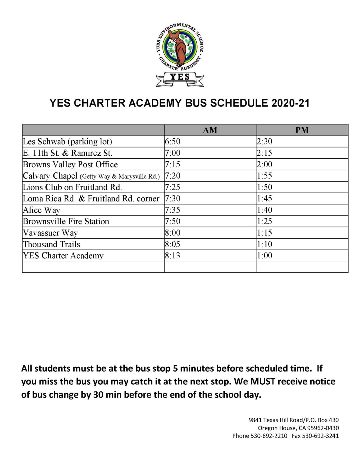 Bus Schedule YES Charter Academy