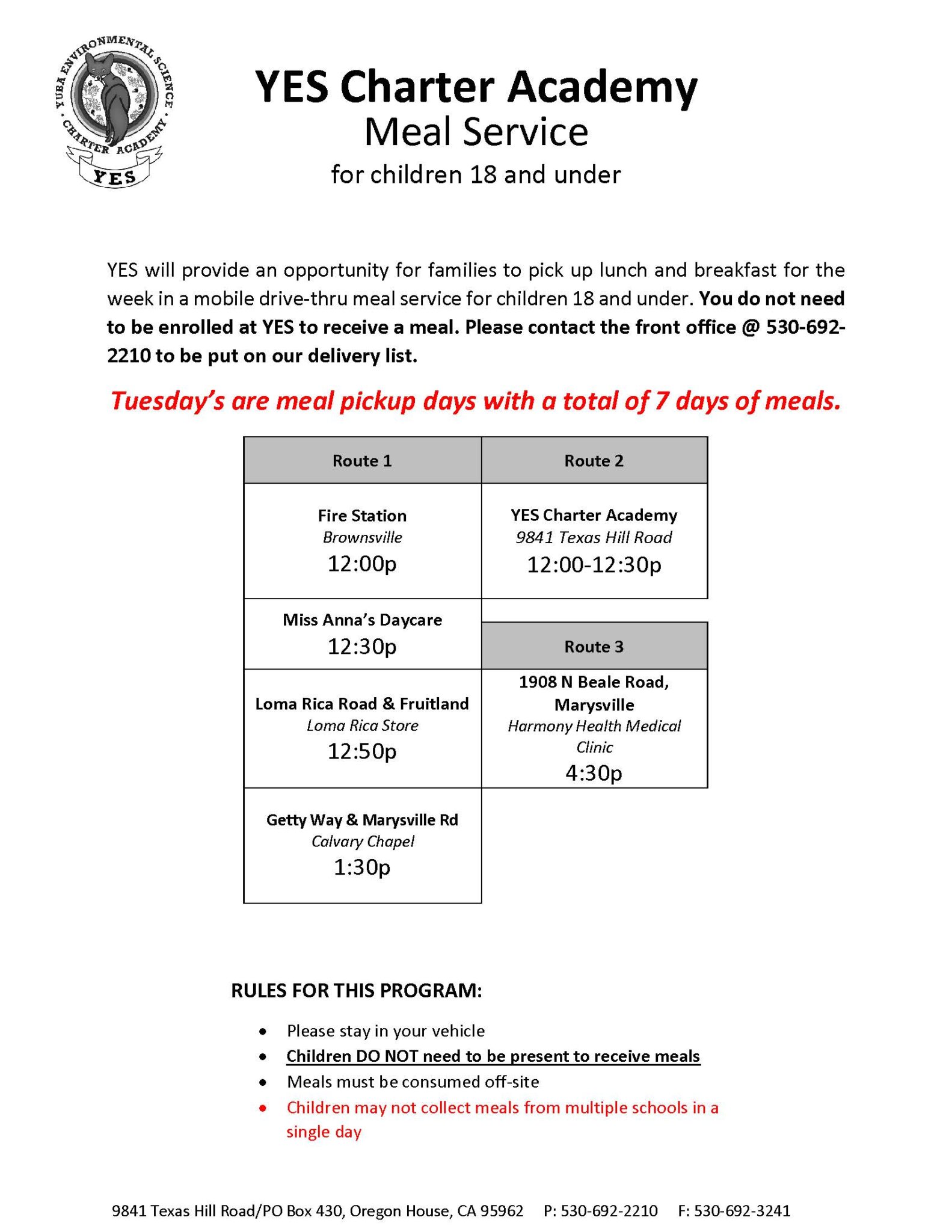 Meal Delivery Schedule YES Charter Academy