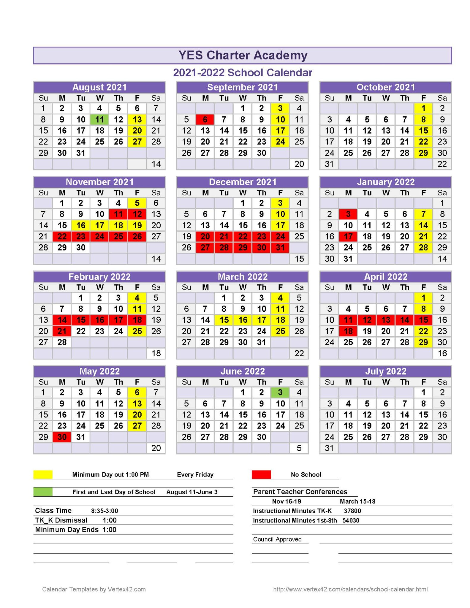School Calendar YES Charter Academy