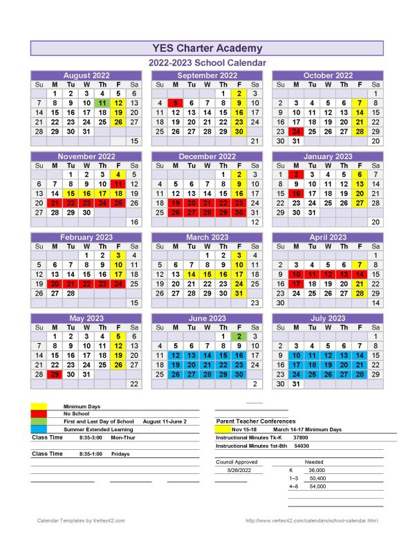 School Calendar YES Charter Academy